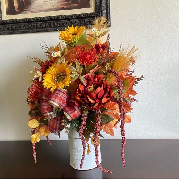Fall Faux Floral Bouquet in White Jar With Sunflowers/Peonies - Picture 3 of 13